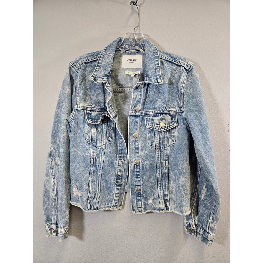 VERVET Acid Wash Distressed Cropped Denim Jacket VT1157 Blue XS - Picture 2 of 7